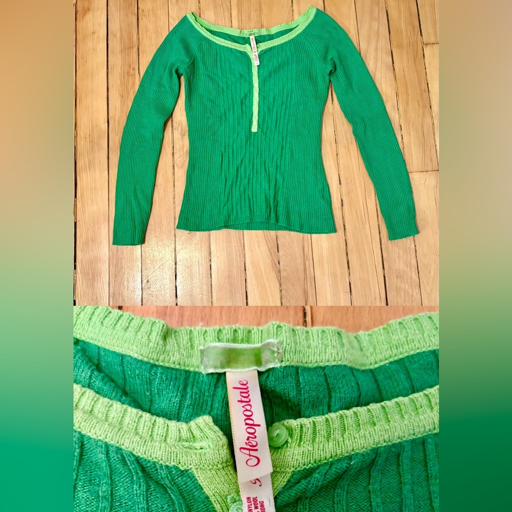 Vintage Y2K Aeropostale Green Ribbed Knit Off the Shoulder Top Size Small